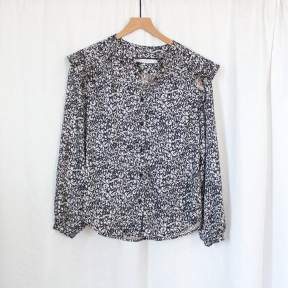 Rebecca Minkoff Long Ruffle Sleeve Button Front Black and White Floral Blouse S